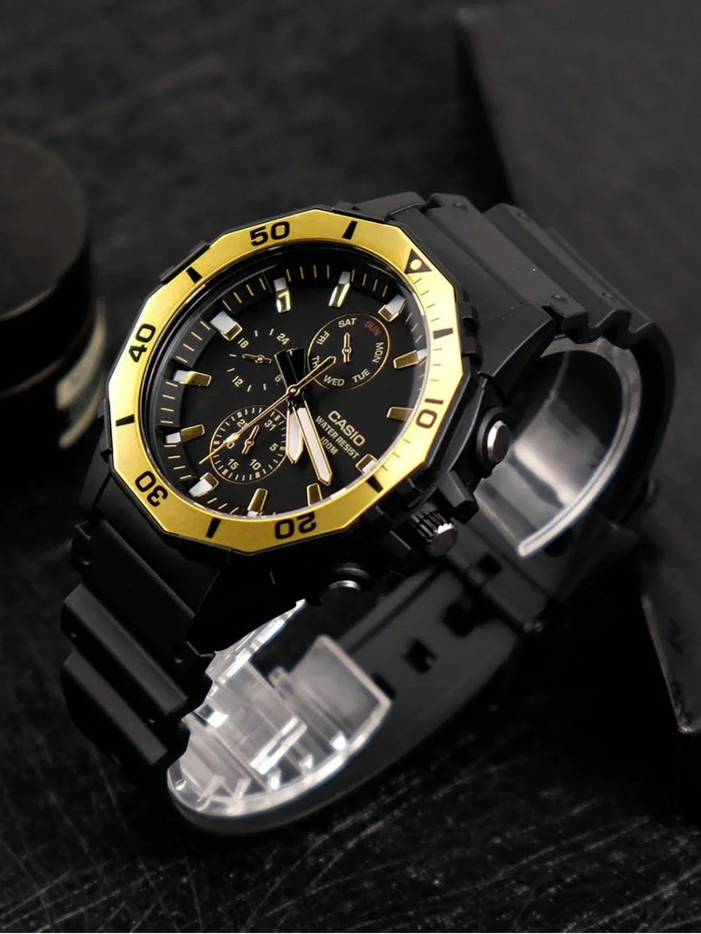 Casio Chronograph in Black and Gold Rotating Bezel MRW-400H NWT NIB IOB